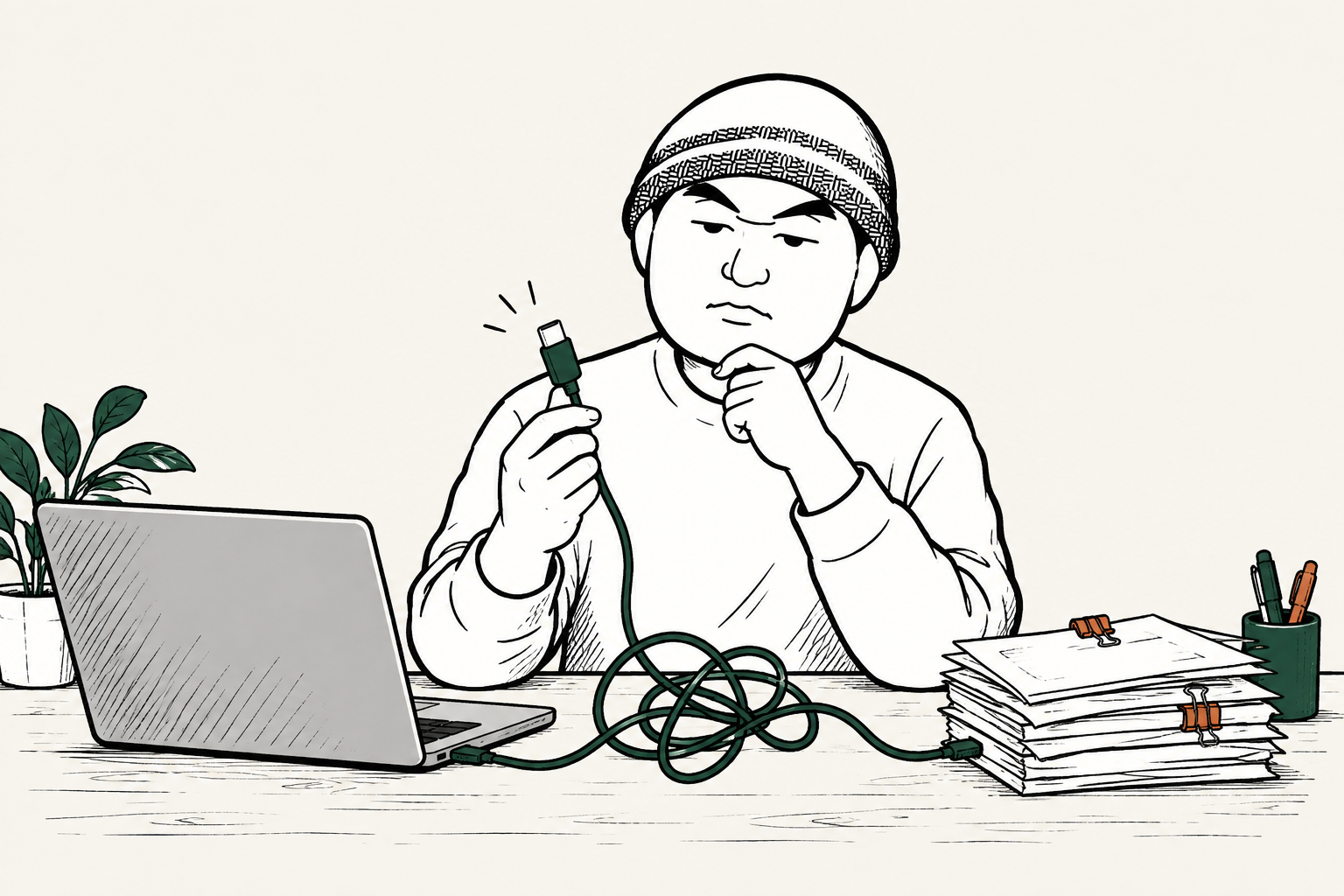 品牌人物檢查纏在一起的線材,桌上放著電腦與待處理文件
